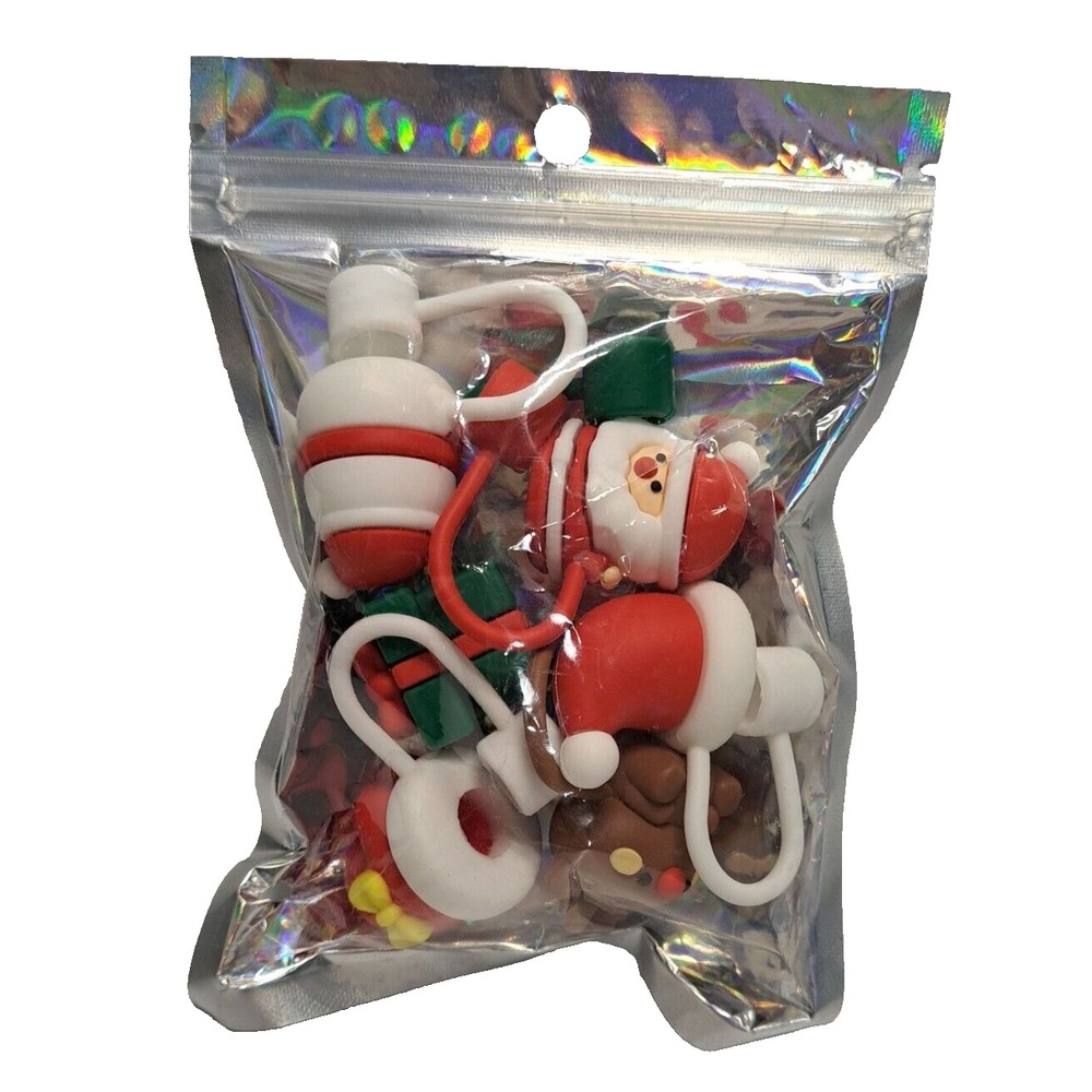 6 Christmas Themed Silicone Straw Cover‎ Toppers Santa Snowman Gift SEALED NEW